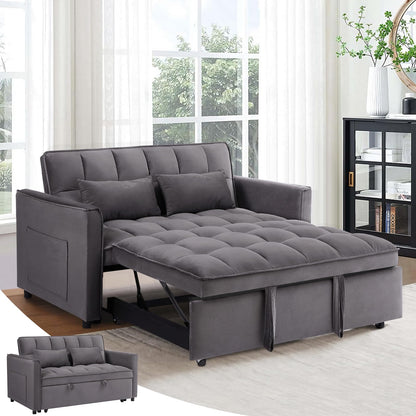 Antetek 3 in 1 Convertible Sleeper Sofa Bed, Modern Velvet Loveseat Futon Couch w/Pullout Bed, Small Love Seat Lounge Sofa w/Reclining Backrest, Toss Pillows, Pockets, Furniture for Living Room, Grey