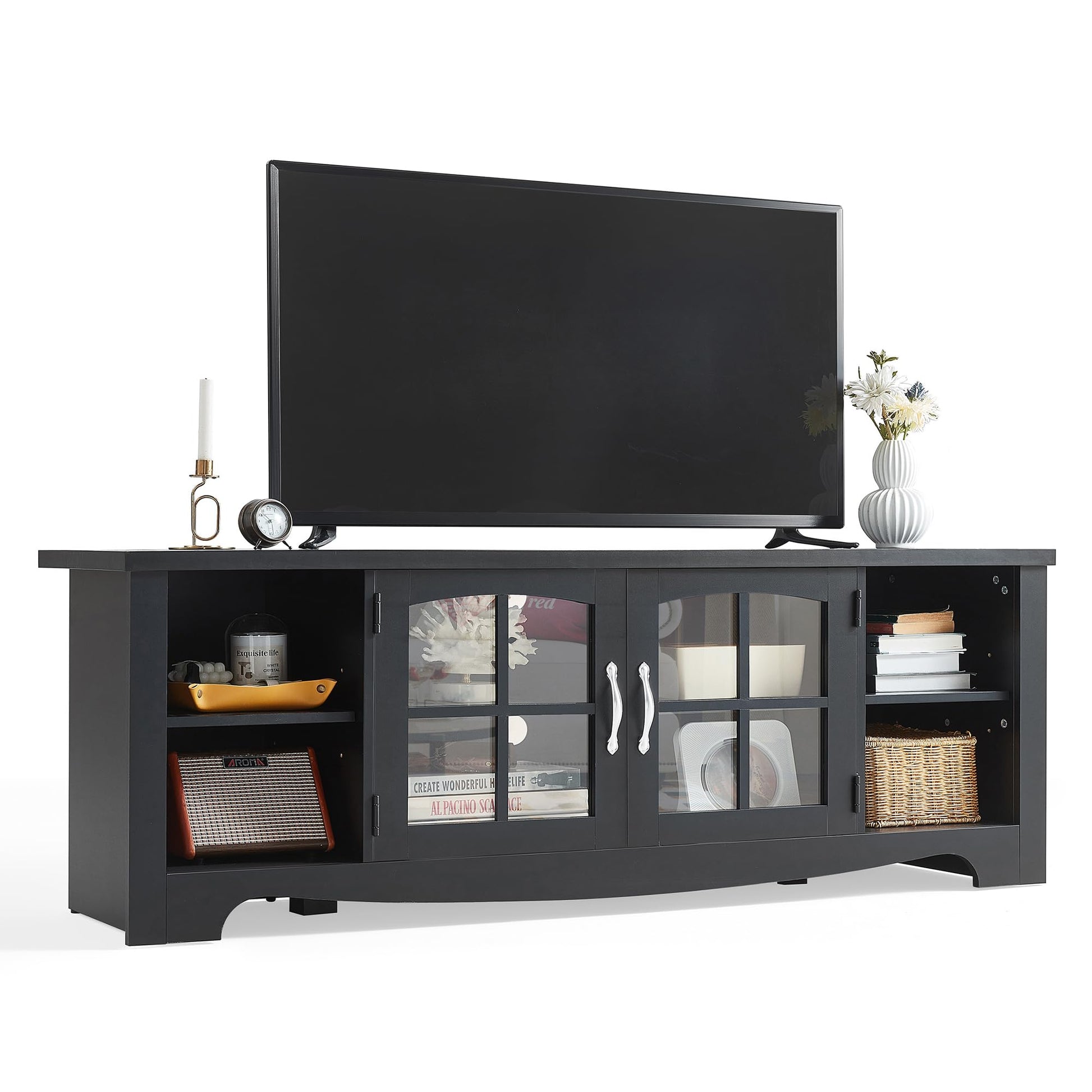 LINSY HOME Farmhouse TV Stand for 65 Inch TV, Wood Entertainment Center with Glass Door Storage Cabinet & Adjustable Shelves, Large Sturdy TV Console Table for Living Room Bedroom