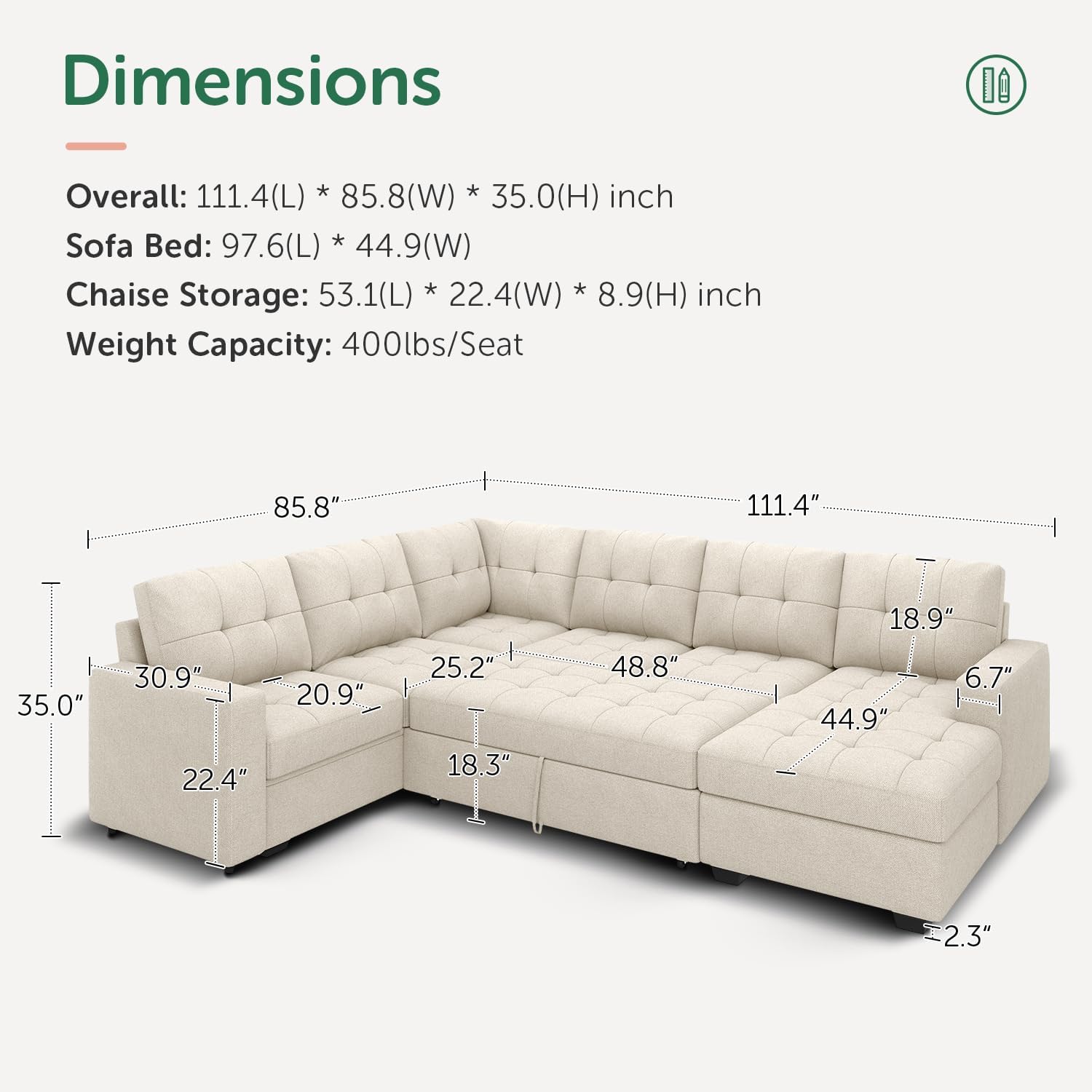 HONBAY Sectional Sleeper Sofa Pull Out Couch, U Shaped Sectional Couch with Storage Chaise, Sofa Bed for Living Room, Beige