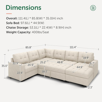 HONBAY Sectional Sleeper Sofa Pull Out Couch, U Shaped Sectional Couch with Storage Chaise, Sofa Bed for Living Room, Beige