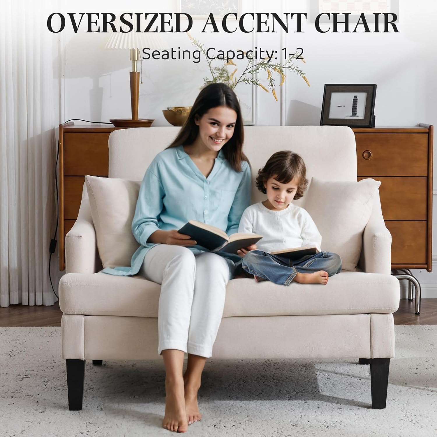 Bezseller Oversized Accent Chair, 33.5'' Wide Seat Comfy Armchair with 2 Pillows, Upholstered Big Reading Chair, Modern Single Sofa Chair for Living Room Bedroom Apartment Office, Beige