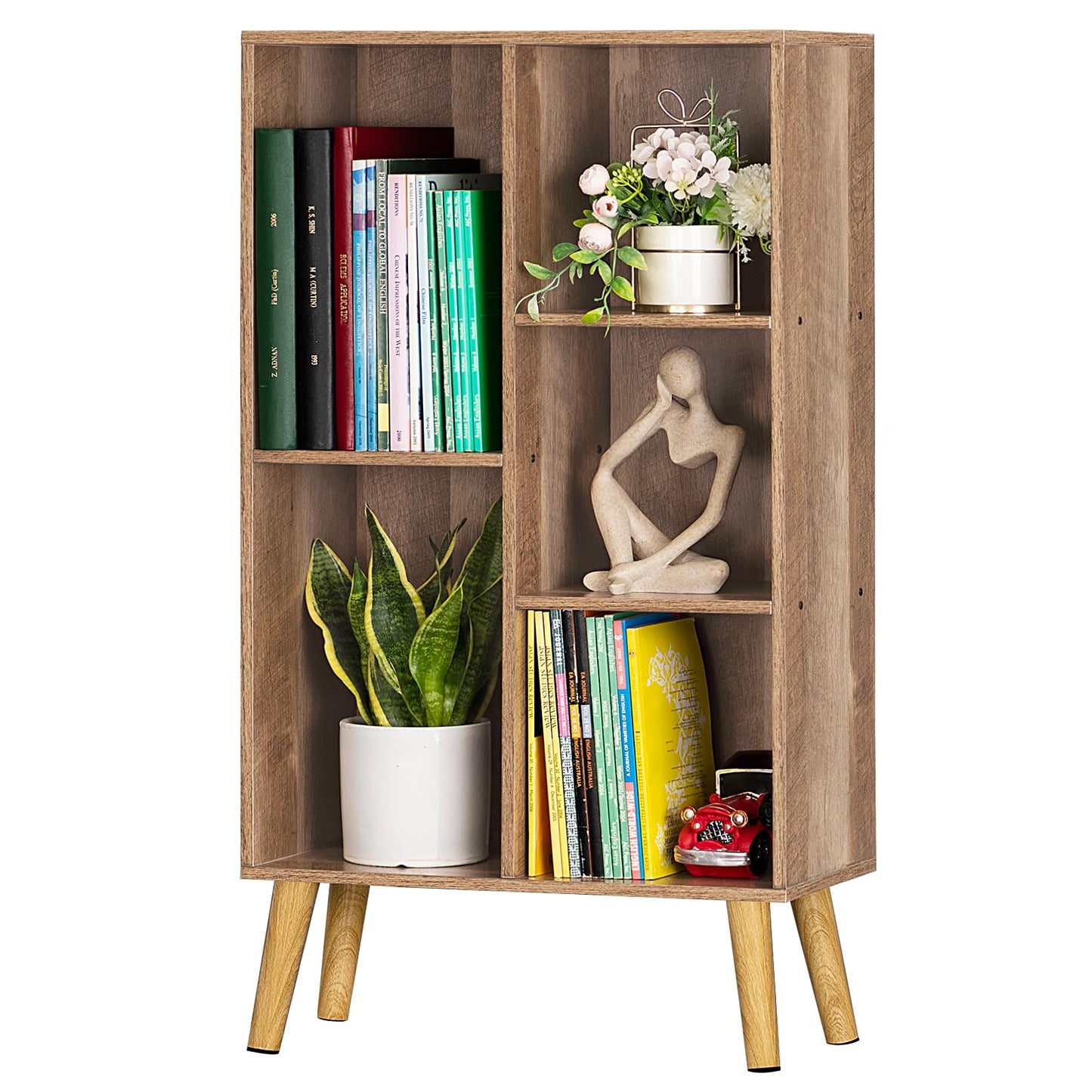 LEYAOYAO Cube Bookshelf 3 Tier Mid-Century Rustic Brown Modern Bookcase with Legs,Retro Wood Bookshelves Storage Organizer Shelf,Freestanding Open Book Shelves for Bedroom,Living Room,Office