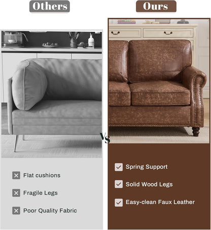 WILLOVE 79'' Faux Leather Sofas for Living Room, Mid Century Modern Couches with Rolled Arm & Nailhead Trim for Small Space, Apartment, Dark Brown