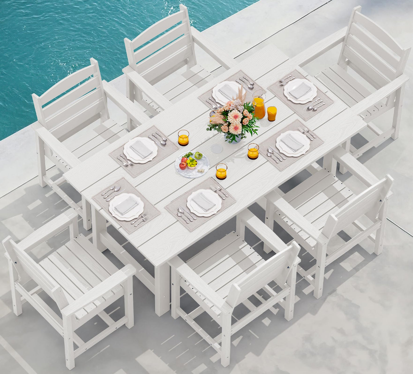 SERWALL Outdoor HDPE Dining Table Set, 7-Piece Outdoor Dining Table Sets with Umbrella Hole Cut-Out Table and 6 Chairs, Gray