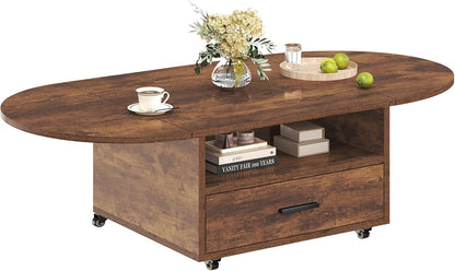 IBF Coffee Table with Storage, Wood Oval Living Room Table with Drawer, Multifunctional Rustic Foldable Center Table, Extendable Tea Table with Wheels for Home Bedroom Office, Rustic Brown, 47 in