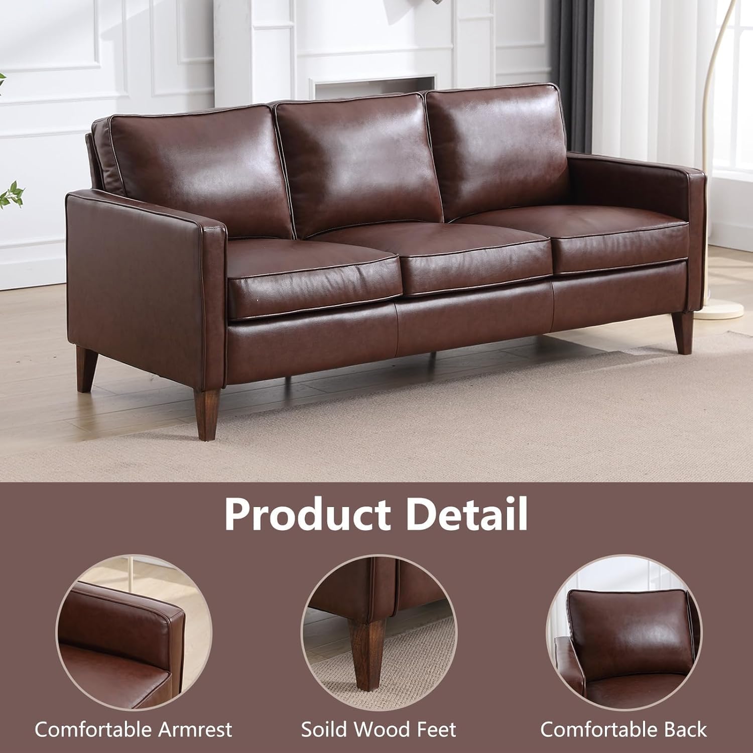 EBELLO 77” Mid Century Modern Sofa Couch, 3 Seater Faux Leather Couches for Living Room, Soft Padded Comfy Cushion, Small Sofa for Small Spaces, Bedroom, Apartment, Dark Brown