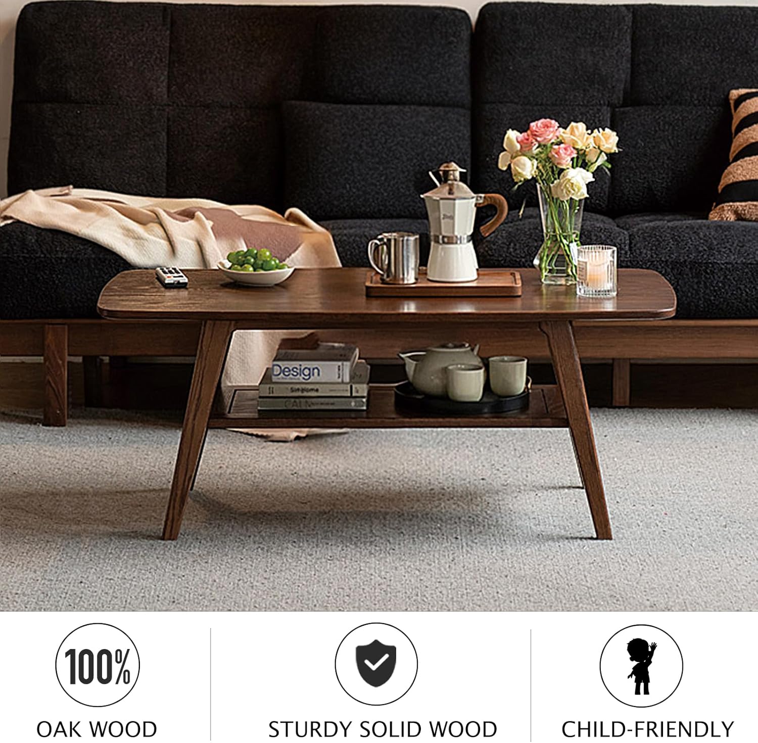 100% Solid Oak Coffee Table with Storage Shelf, 2-Tier Wooden Center Table for Living Room, Farmhouse Rustic Rectangle Table, Easy Assembly, Walnut Color, 39.37inch