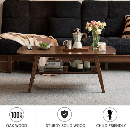 100% Solid Oak Coffee Table with Storage Shelf, 2-Tier Wooden Center Table for Living Room, Farmhouse Rustic Rectangle Table, Easy Assembly, Walnut Color, 39.37inch