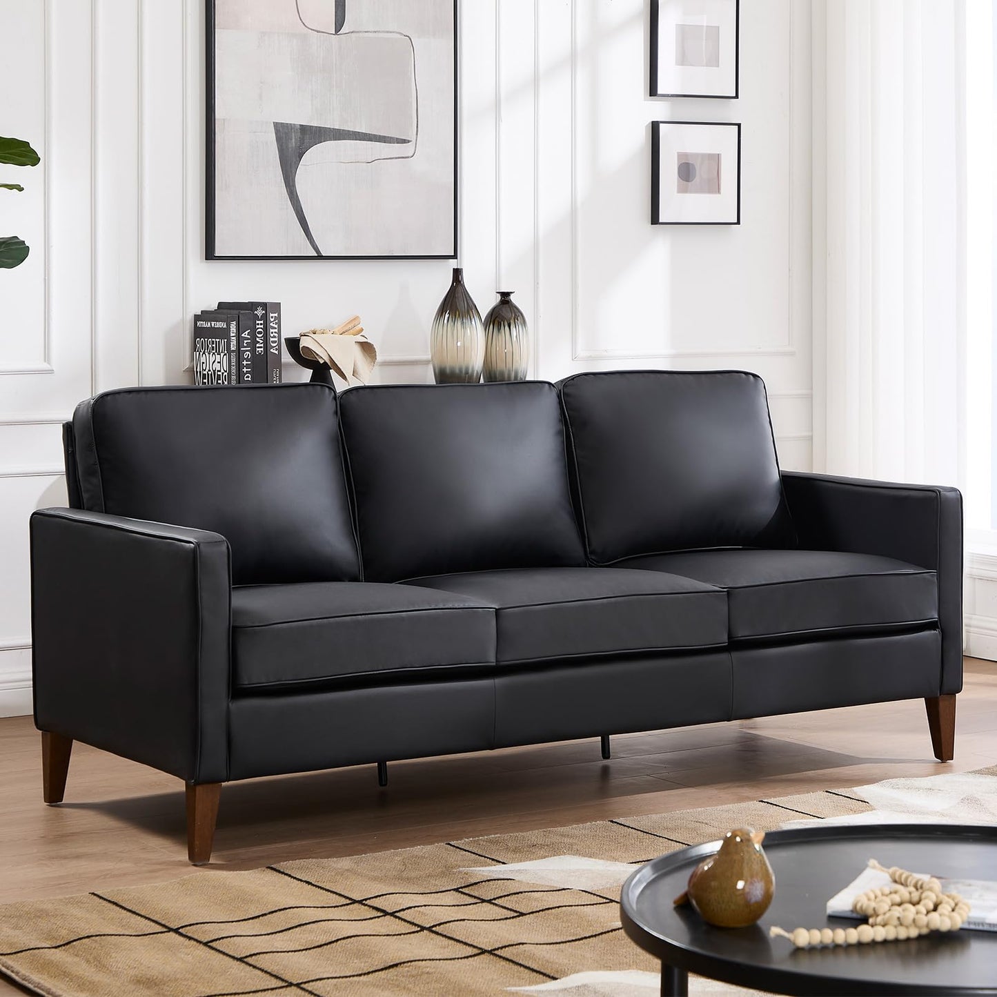 EBELLO 77” Mid Century Modern Sofa Couch, 3 Seater Faux Leather Couches for Living Room, Soft Padded Comfy Cushion, Small Sofa for Small Spaces, Bedroom, Apartment, Dark Brown