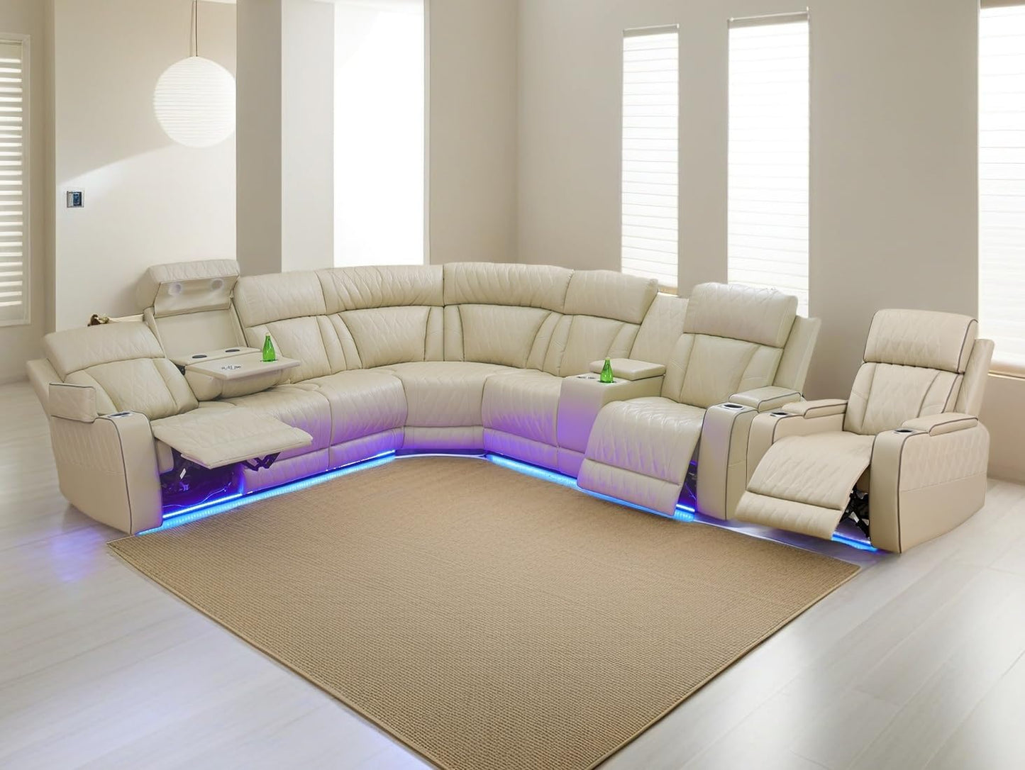 Power Recliner Sectional Sofa Set,Living Room Furniture Sets,Black Leather Sectional Reclining Couch Power Reclining Sofa with LED Light/Storage Console for Living Room