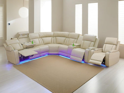 Power Recliner Sectional Sofa Set,Living Room Furniture Sets,Black Leather Sectional Reclining Couch Power Reclining Sofa with LED Light/Storage Console for Living Room