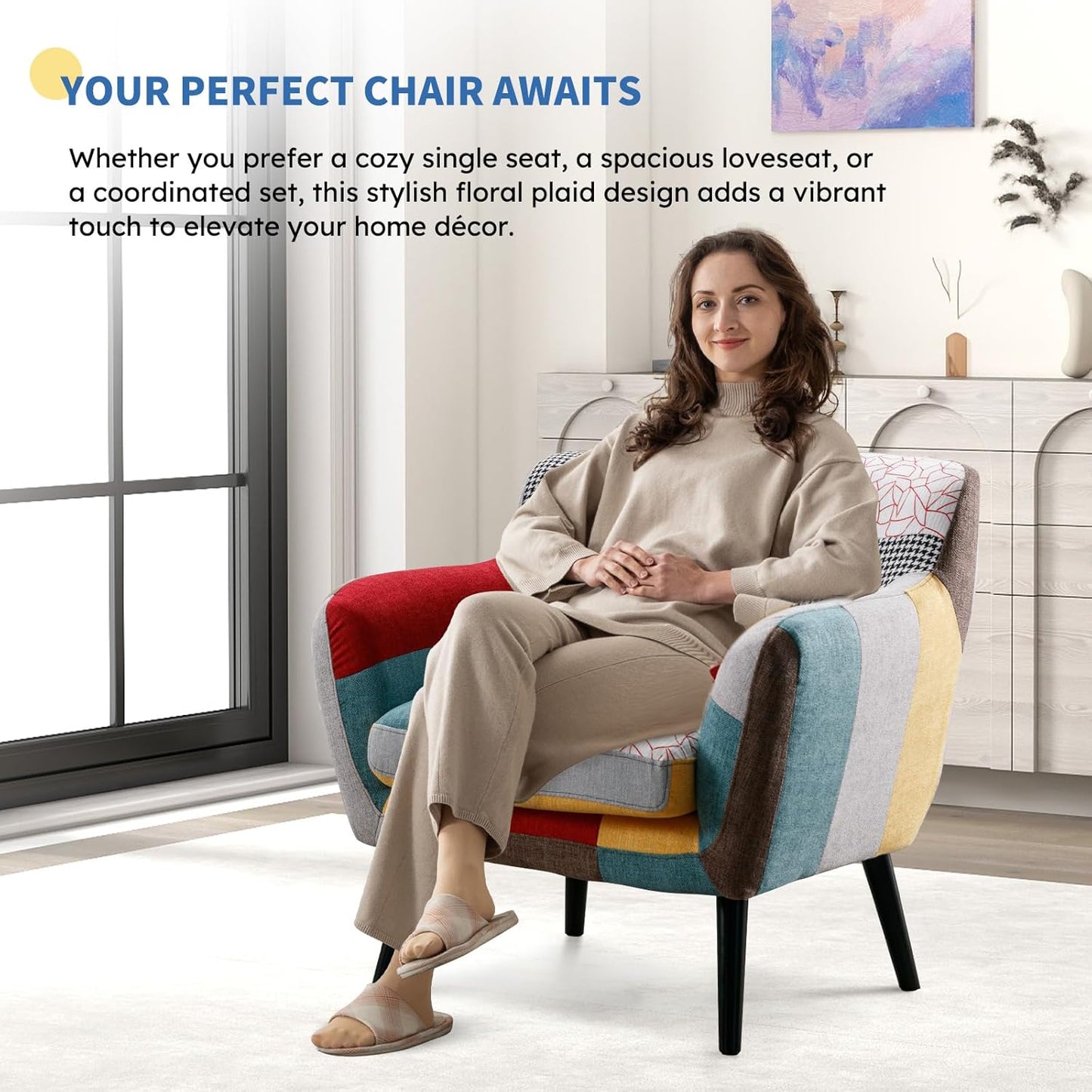 Bonzy Home Modern Oversized Accent Chair for Living Room, Colorful Boho Linen Fabric Upholstered Armchair with Wood Legs, Single