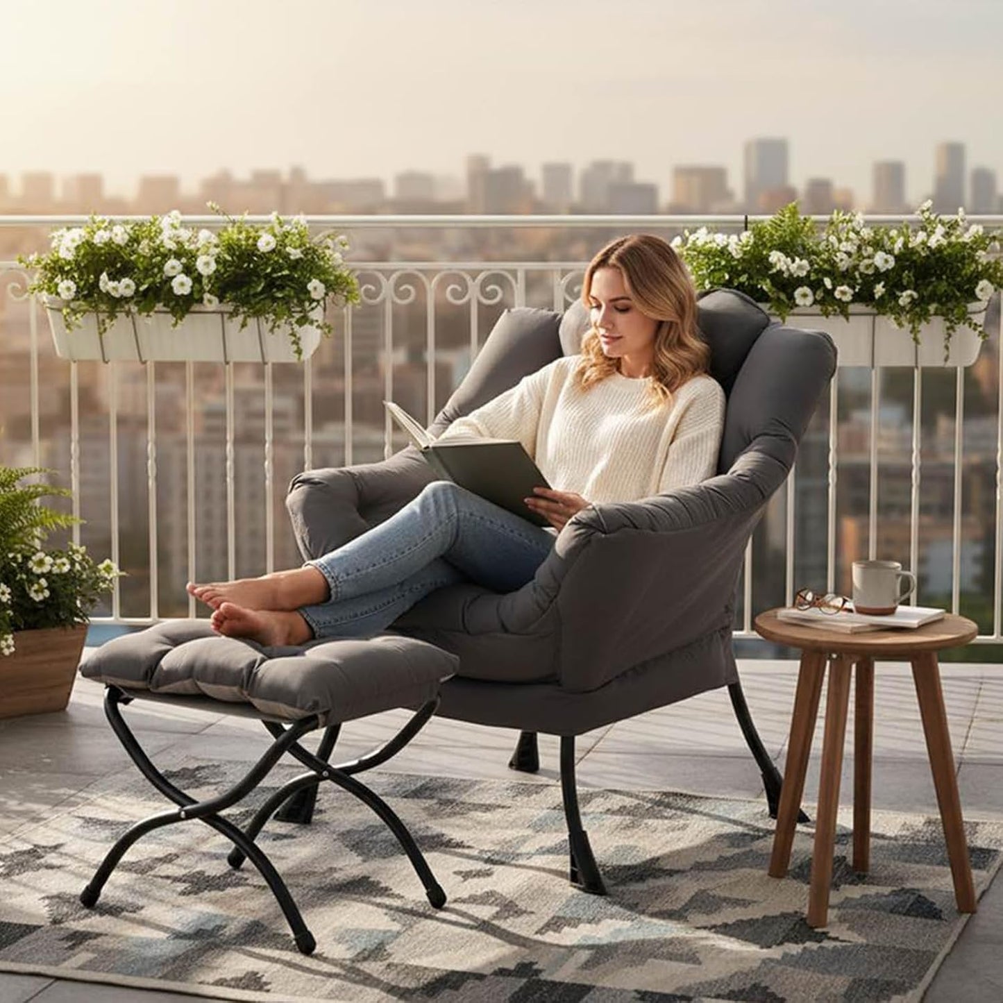 Tiita Lazy Chair with Ottoman, Modern Large Accent Lounge Chair, Leisure Sofa Armchair with Ottoman, Reading Chairs with Footrest for Bedroom, Living Room, Dorm Rooms, Garden