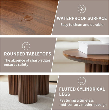 Round Nesting Coffee Table Set of 3,Mid Century Modern Fluted Coffee and End Table Set,Small Circle Wooden Side Table Drink Table for Living Room (Walnut)