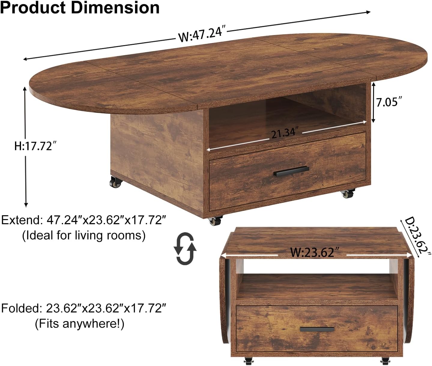 IBF Coffee Table with Storage, Wood Oval Living Room Table with Drawer, Multifunctional Rustic Foldable Center Table, Extendable Tea Table with Wheels for Home Bedroom Office, Rustic Brown, 47 in