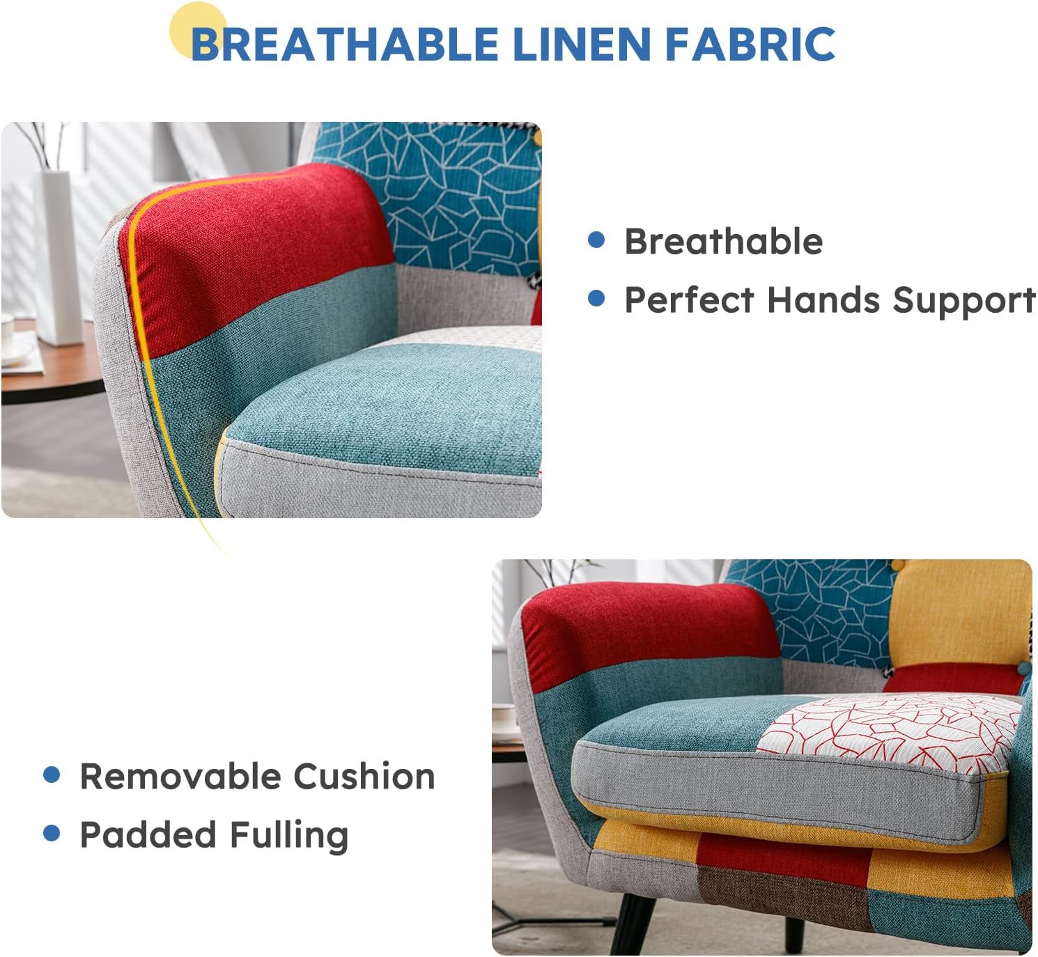 Bonzy Home Modern Oversized Accent Chair for Living Room, Colorful Boho Linen Fabric Upholstered Armchair with Wood Legs, Single