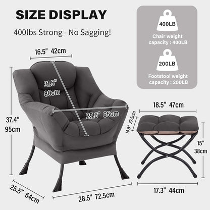 Tiita Lazy Chair with Ottoman, Modern Large Accent Lounge Chair, Leisure Sofa Armchair with Ottoman, Reading Chairs with Footrest for Bedroom, Living Room, Dorm Rooms, Garden