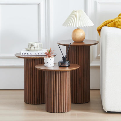 Round Nesting Coffee Table Set of 3,Mid Century Modern Fluted Coffee and End Table Set,Small Circle Wooden Side Table Drink Table for Living Room (Walnut)