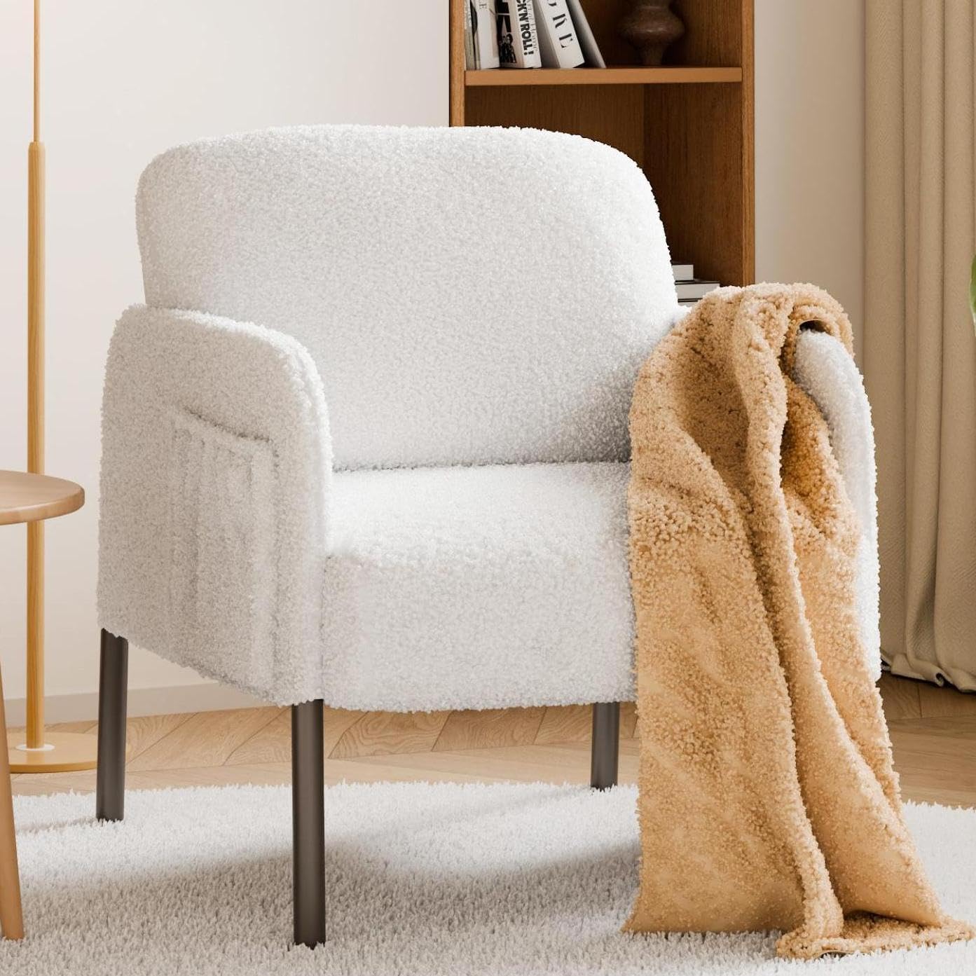 Mondeer Armchair, Single Lounge Sofa with Side Pocket with Metal Legs, Cosy Faux Lambskin Fabric, Modern, for Living Room, Bedroom, Study, 63 x 75 x 75 cm, White