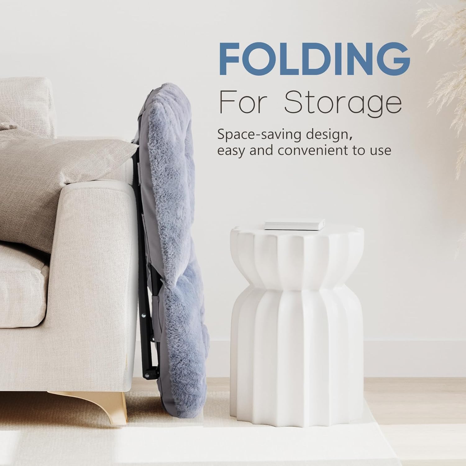 DUMOS Comfy Chair for Adults, Soft Faux Fur Folding Lounge for Bedroom Living Room Dorm Rooms Flexible Reading Chair for Teens, Large Size Foldable (Square-Gray)