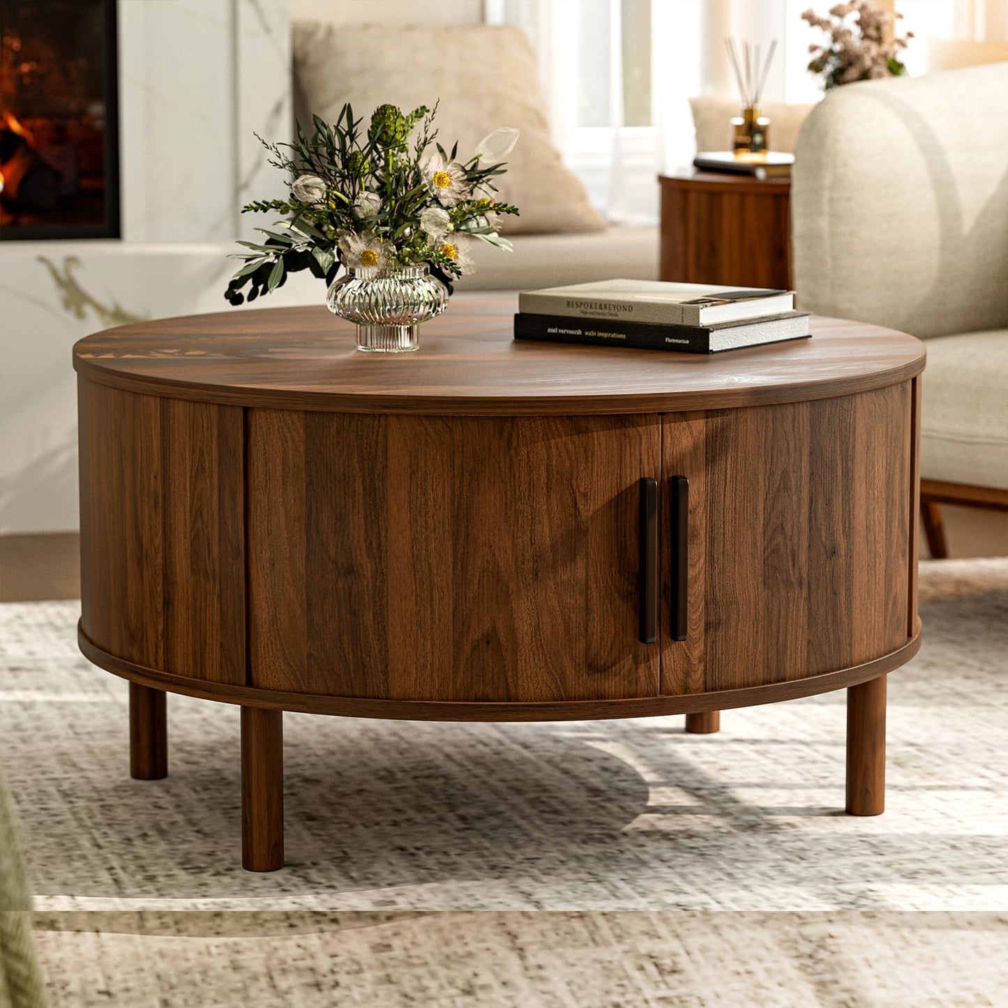 Coffee Table for Living Room, Modern Oval Coffee Table with Cabinets & Sliding Doors, Home Small Space, 29.9" Fluted Center Table, Natual