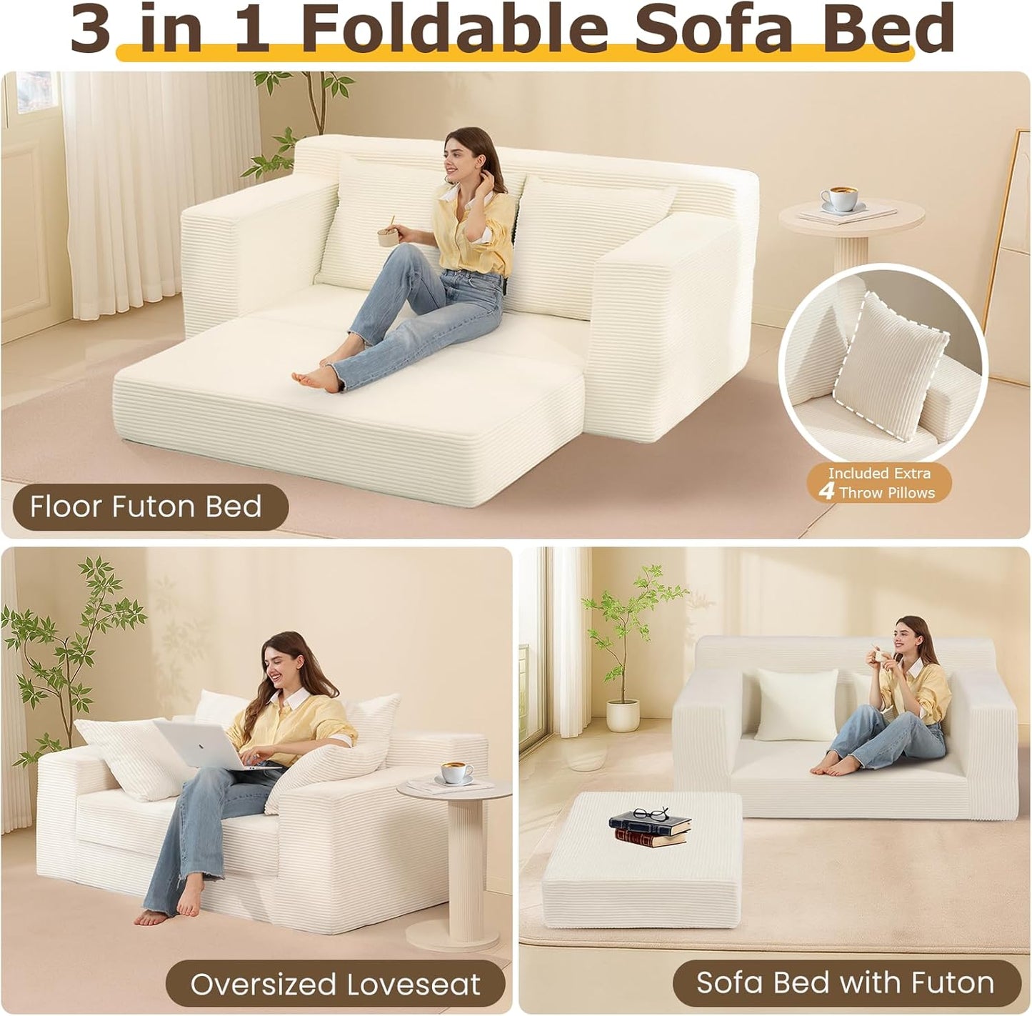 Convertible Sofa Bed, 3 in 1 Loveseat Folding Couch Bed Foldable - Chaise Lounge Chair & Floor Futon Sleeper, Corduroy Pull Out Sofa Bed with 4 Pillows for Living Room, Beige