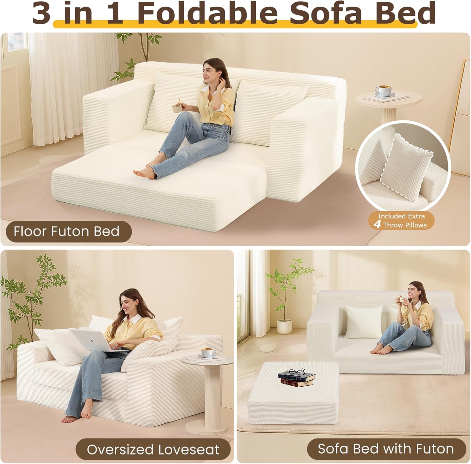 Convertible Sofa Bed, 3 in 1 Loveseat Folding Couch Bed Foldable - Chaise Lounge Chair & Floor Futon Sleeper, Corduroy Pull Out Sofa Bed with 4 Pillows for Living Room, Beige