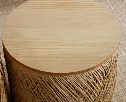 chairus Nesting Coffee Table Set of 2 Woven Round Coffee Table with Storage Solid Wood Side Table for Small Spaces, Living Room, Bedroom, Office, Natural