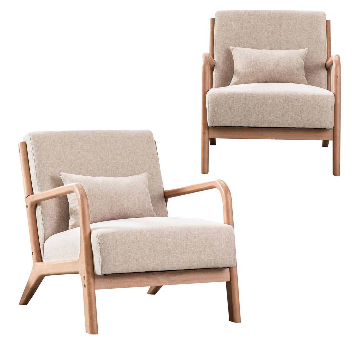 INZOY Mid Century Modern Accent Chair with Wood Frame, Upholstered Living Room Chairs with Waist Cushion, Reading Armchair for Bedroom Sunroom (Beige)
