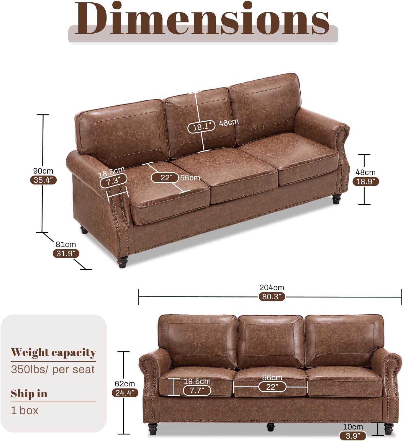 WILLOVE 79'' Faux Leather Sofas for Living Room, Mid Century Modern Couches with Rolled Arm & Nailhead Trim for Small Space, Apartment, Dark Brown