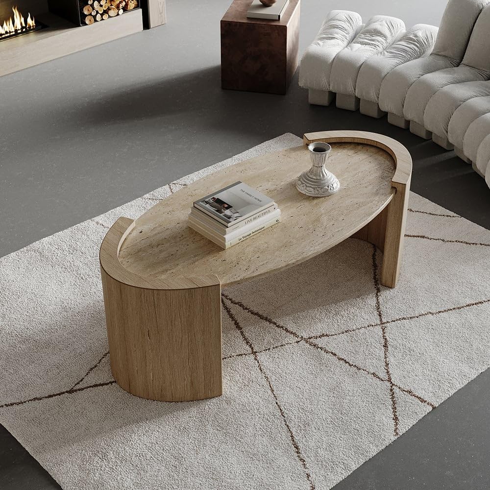 homary 43" Japandi Oval Travertine Stone Top Coffee Table – Double Pedestal Oval Coffee Table with Natural Beige Stone Surface and Engineered Wood Base for Living Room and Lounge