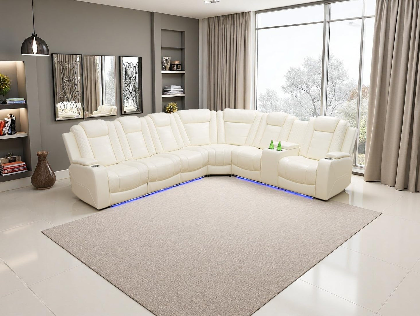 Power Recliner Sectional Sofa Set,Living Room Furniture Sets,Black Leather Sectional Reclining Couch Power Reclining Sofa with LED Light/Storage Console for Living Room