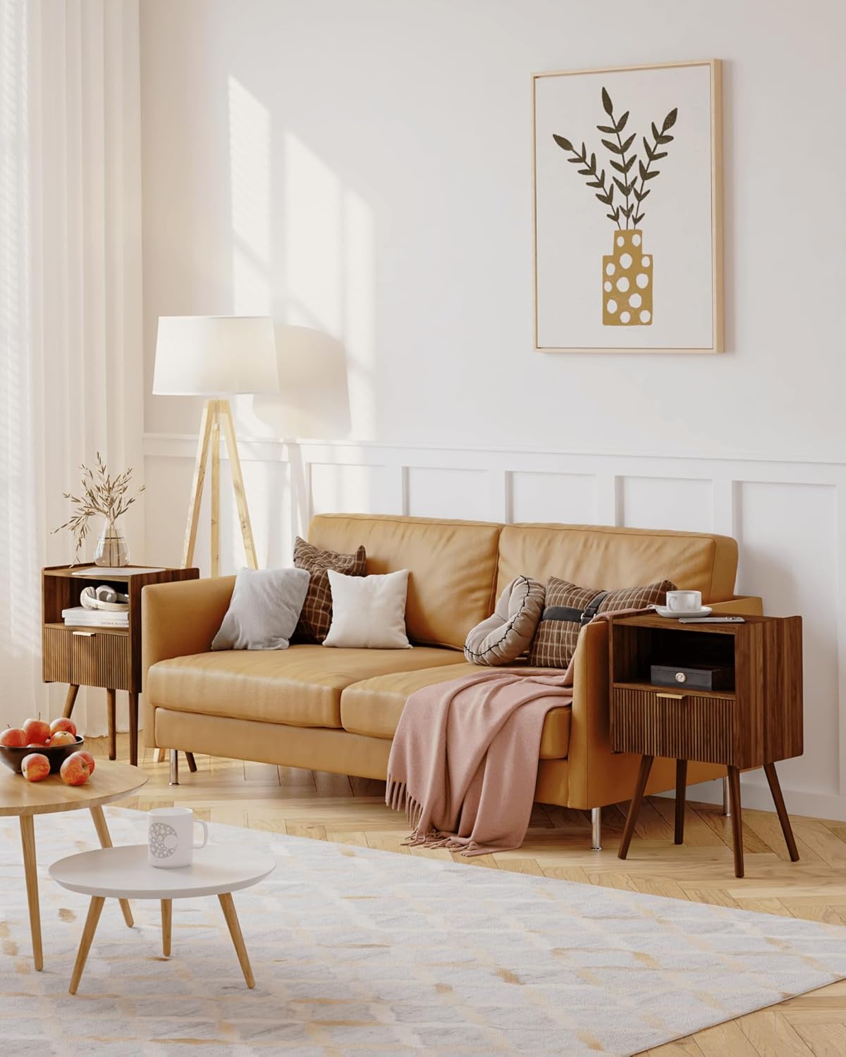 Nightstand,Modern Bedside Table with Storage Drawer and Open Wood Shelf, for Living Room, Bedroom and Small Spaces, Accent Night Stand with Solid Wood Legs, Easy Assembly,Walnut Brown