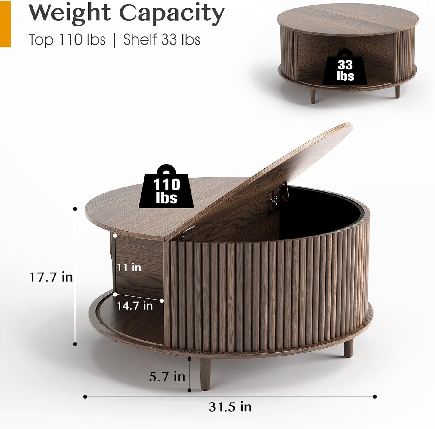 Round Coffee Table with Storage,Mid Century Modern Circle Coffee Table for Living Room,31.5" Small Fluted Center Table with Sliding Door,Home Small Space, Walnut