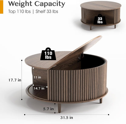 Round Coffee Table with Storage,Mid Century Modern Circle Coffee Table for Living Room,31.5" Small Fluted Center Table with Sliding Door,Home Small Space, Walnut
