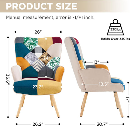 Accent Chair, Living Room Chair, Modern High Back Armchair, Colorful Patchwork Reading Chairs for Bedroom, Lounge Chair with Linen Fabric Shell and Solid Wood Feets (1, Colorful)
