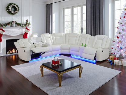 Power Recliner Sectional Sofa Set,Living Room Furniture Sets,Black Leather Sectional Reclining Couch Power Reclining Sofa with LED Light/Storage Console for Living Room