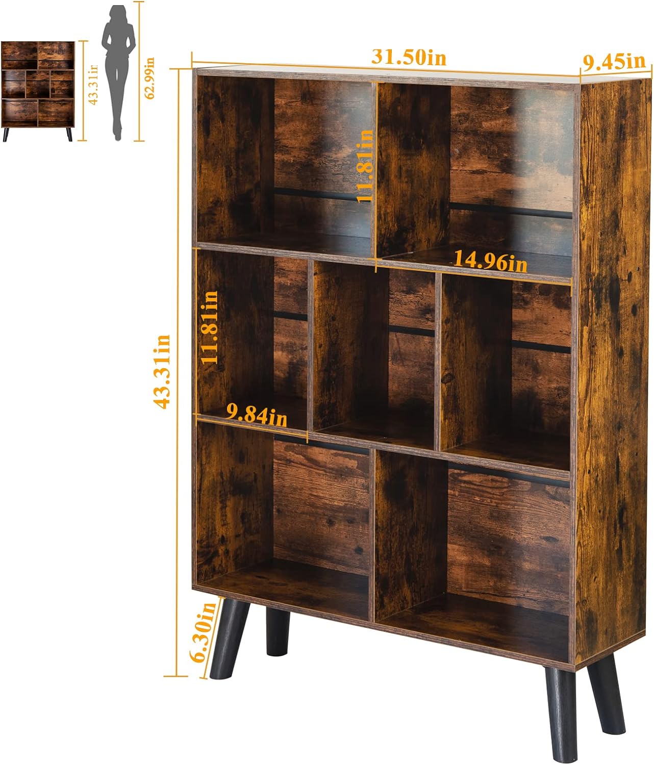 LEYAOYAO Cube Bookshelf 3 Tier Mid-Century Rustic Brown Modern Bookcase with Legs,Retro Wood Bookshelves Storage Organizer Shelf,Freestanding Open Book Shelves for Bedroom,Living Room,Office