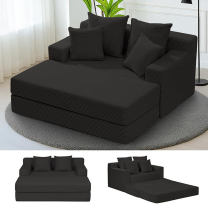 Convertible Sofa Bed, 3 in 1 Loveseat Folding Couch Bed Foldable - Chaise Lounge Chair & Floor Futon Sleeper, Corduroy Pull Out Sofa Bed with 4 Pillows for Living Room, Beige