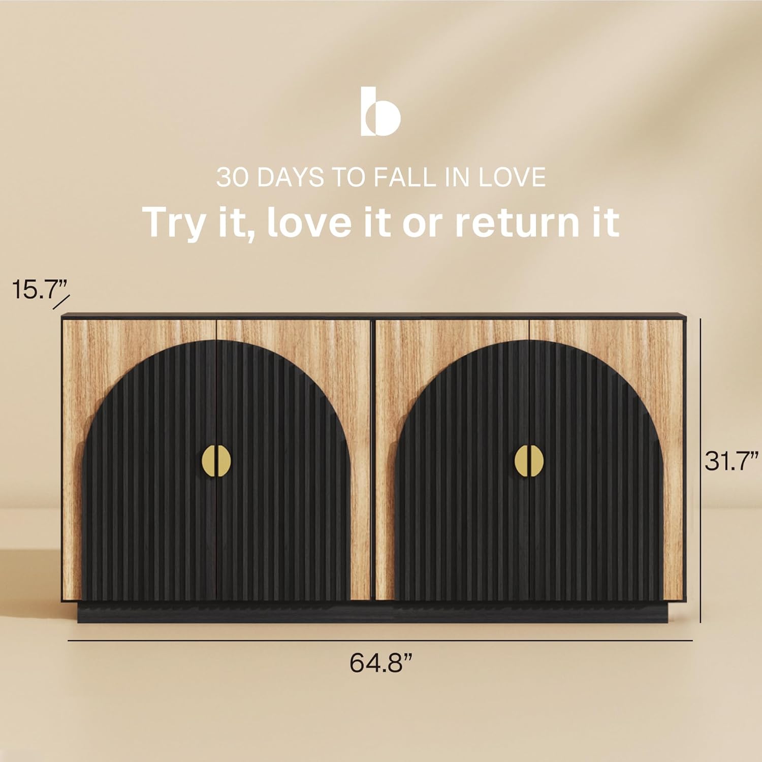 BELLEZE 65 Inch Fluted Buffet Cabinet with Storage, Symmetrical Arc Accent Sideboard Large Console Table for Dining Room, Kitchen, and Living Room (Camel)