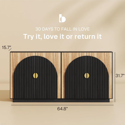 BELLEZE 65 Inch Fluted Buffet Cabinet with Storage, Symmetrical Arc Accent Sideboard Large Console Table for Dining Room, Kitchen, and Living Room (Camel)