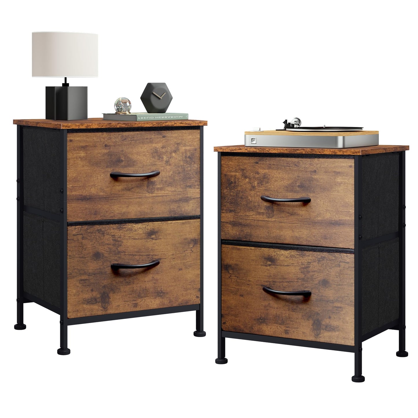 WLIVE Night Stand, Small 2 Drawer Dresser, Nightstand with Fabric Bins for Bedroom, Closet, Dorm, Rustic Brown Wood Grain Print, 11.8" D x 15.7" W x 20.9" H