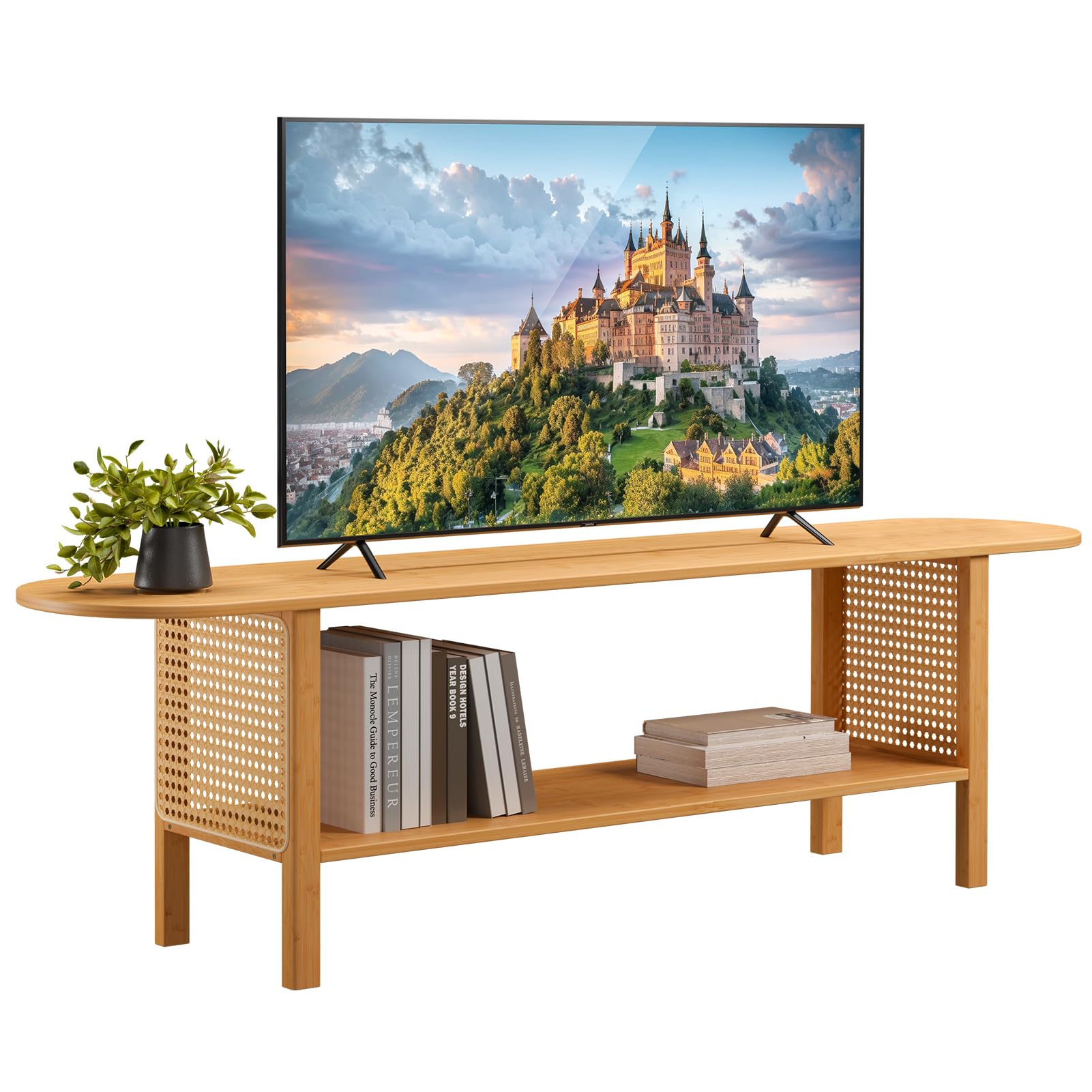 HollyHOME Bamboo TV Stand with Storage for TVs up to 65'', Modern Entertainment Center with 2 Open Shelf, Accent Media Console Table for Living Room, Bedroom, 55"(L), Walnut