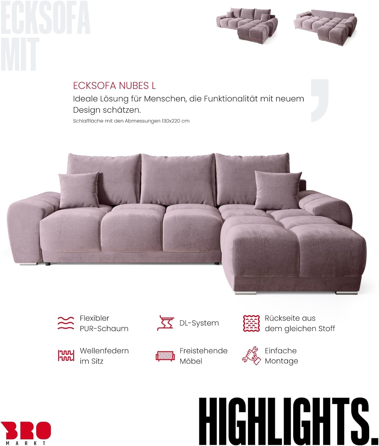 BROMARKT Corner Sofa with Sleep Function and Bed Box Sofa L Shape Couch 294 x 184 cm 5-Seater Living Room Corner Sofa Bed Living Landscape Nubes Dusky Pink
