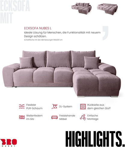BROMARKT Corner Sofa with Sleep Function and Bed Box Sofa L Shape Couch 294 x 184 cm 5-Seater Living Room Corner Sofa Bed Living Landscape Nubes Dusky Pink