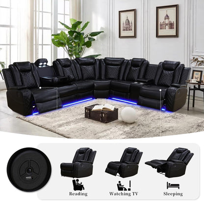 Power Recliner Sectional Sofa Set,Living Room Furniture Sets,Black Leather Sectional Reclining Couch Power Reclining Sofa with LED Light/Storage Console for Living Room