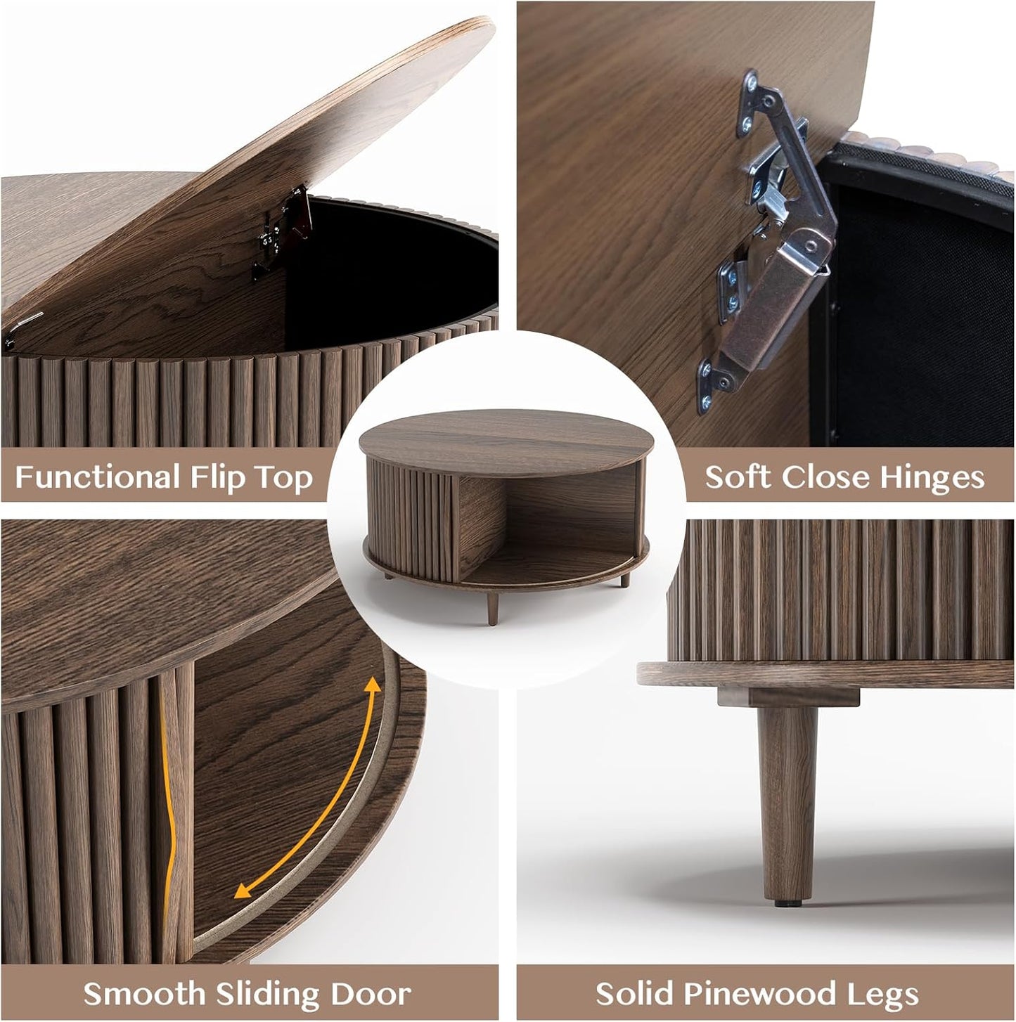 Round Coffee Table with Storage,Mid Century Modern Circle Coffee Table for Living Room,31.5" Small Fluted Center Table with Sliding Door,Home Small Space, Walnut