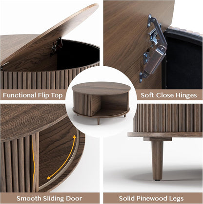 Round Coffee Table with Storage,Mid Century Modern Circle Coffee Table for Living Room,31.5" Small Fluted Center Table with Sliding Door,Home Small Space, Walnut