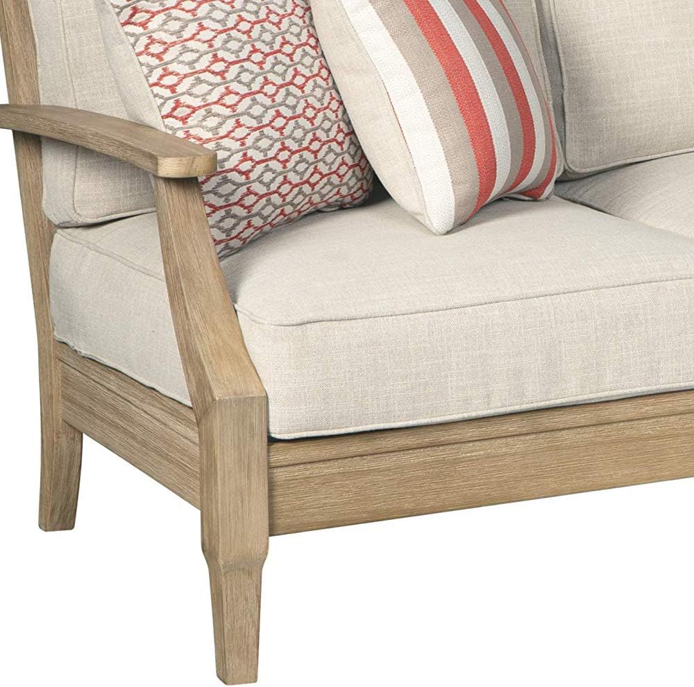 Signature Design by Ashley Clare View Outdoor Patio Sofa, 4 Throw Pillows, Nuvella Weather Resistant Fabric, Eucalyptus Wood, 81" W x 35" D x 32" H, Beige