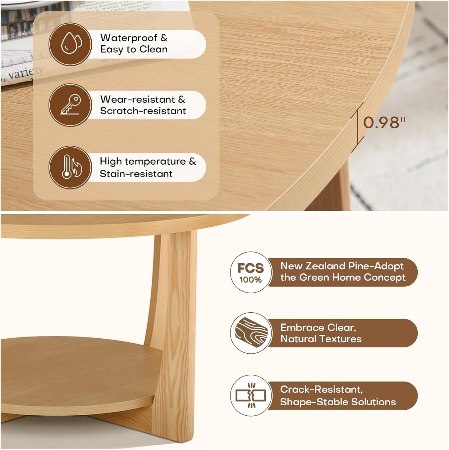 BECHAEO 31.5'' Round Coffee Table with Solid Wood Pine Legs, 2-Tier Retro Round Coffee Table with Storage Shelf, Small Modern Wood Circle Coffee Table Boho Round Center Table for Living Room (Natural)